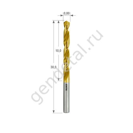 0,8х30/10мм Сверло по металлу, HSS-G, покрытие TiN, ц/х, DIN 338, тип N, 118°, RUKO (Германия) 250008T